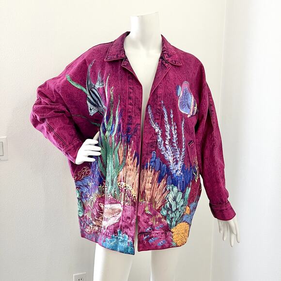 Womens Vintage Sundance S Dolman Denim Jean Hand Painted Sea Life Pink Jacket - Picture 1 of 7